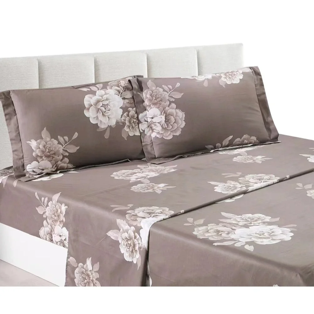 Marrisa Brown Floral 100% Cotton King Sheet Set Pillowcase Romantic Elegant‎